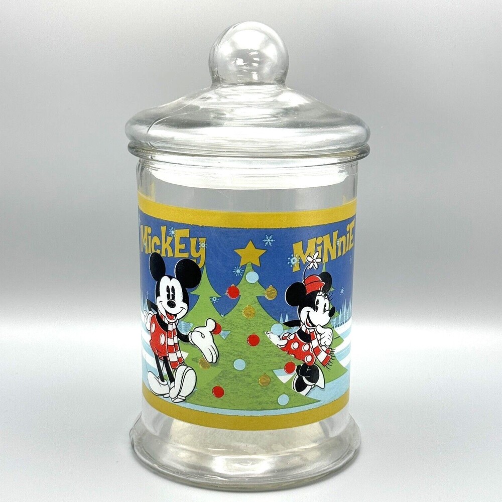 Disney Mickey Minnie Mouse Clear Glass Christmas Cookie Jar Canister